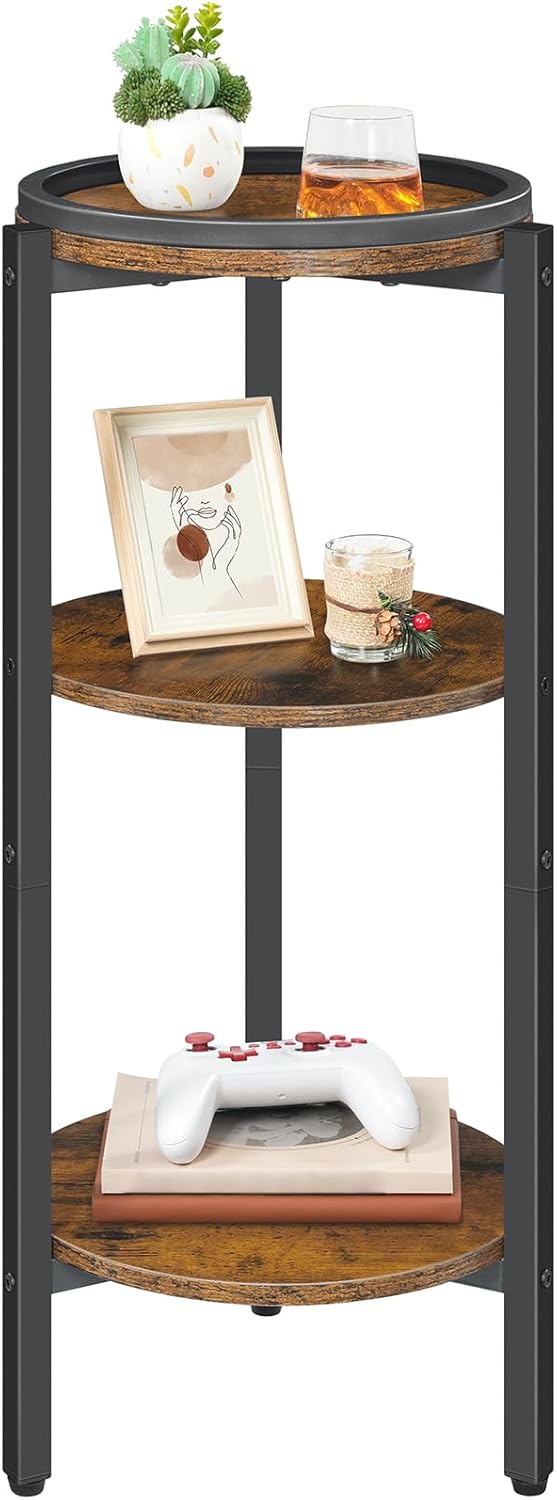 HOOBRO Small Round Side Table, 3-Tier Tall Coffee Drink Table for Sofa Couch, 28.7" H Slim Nightstand, Circle Wooden Accent Table for Living Room, Corner, Bedroom, Rustic Brown BF182BZ01