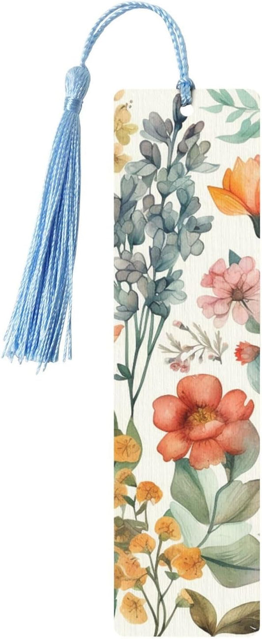 Flower Branches and Leaves Bookmarks Gifts for Women Men, Wooden Bookmarks for Book Lovers, Vintage Book Marks Ornaments with Tassel, Unique Personalized Reading Page Markers Sky Blue