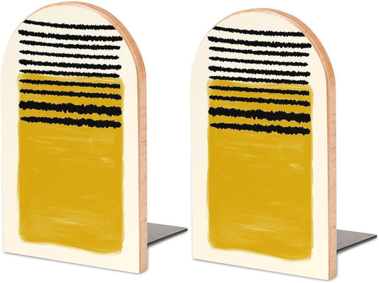 Mustard Yellow Lines Wooden Bookend Non-Slip Book Ends Heavy Duty Book Stopper with Metal Base Books Holderd Decorative Bookends Stands Firmly for Office Supplies