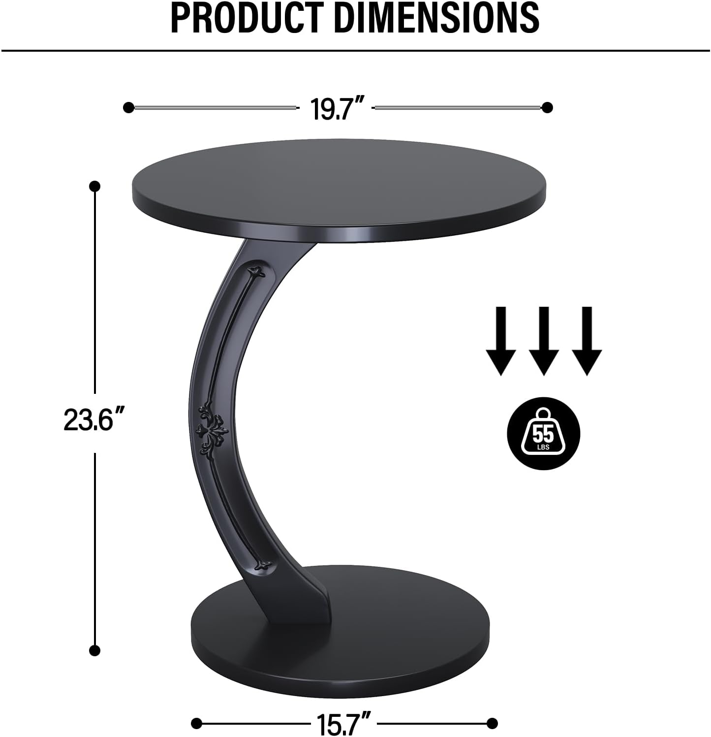 C-Shaped Solid Wood Round End Table - Side Table for Couch, Sofa Tables Slide Under Couch for Living Room, Small Nightstand for Small Space, Black