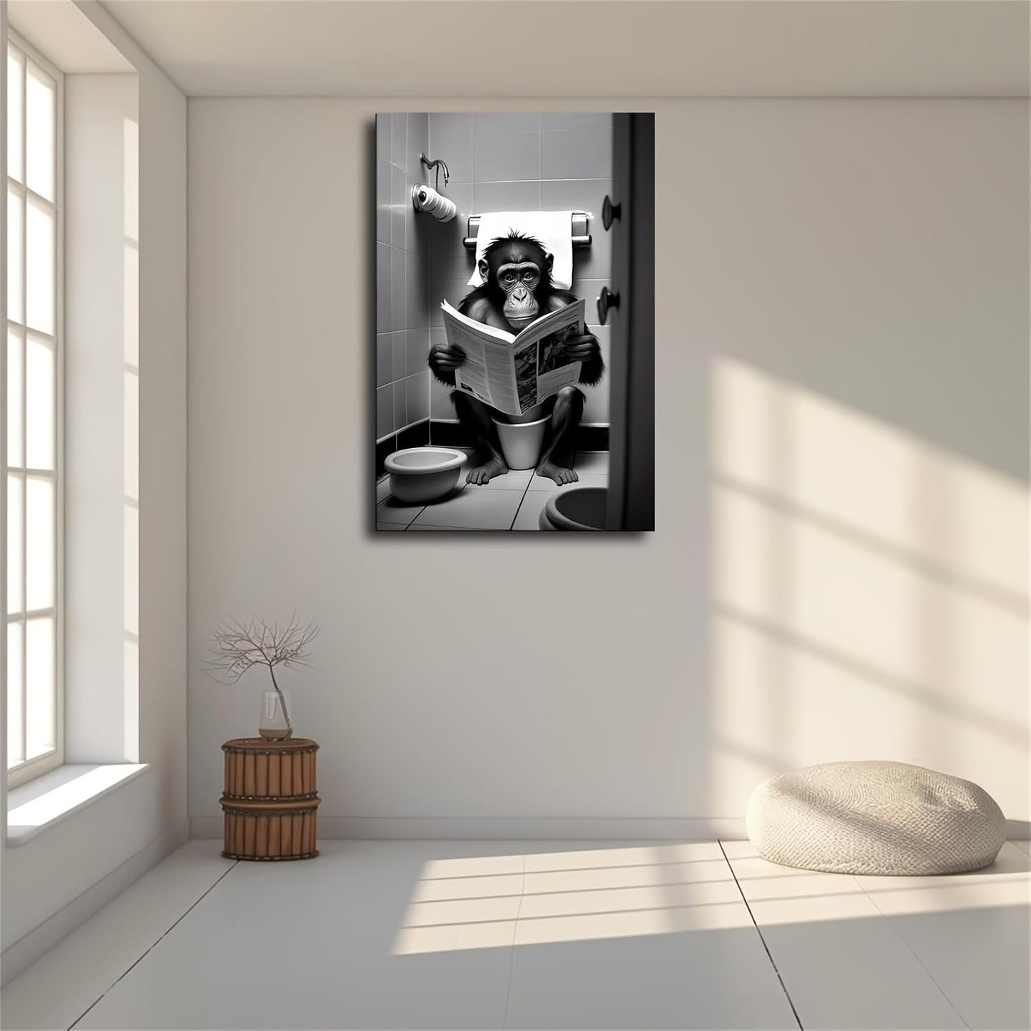 Monkey Sitting on the Toilet Reading a Newspaper, Funny Bathroom Canvas Wall Prints poster Modern Home Aesthetic Decor Wall art for Bedroom Dorm (16x24inch Framed)