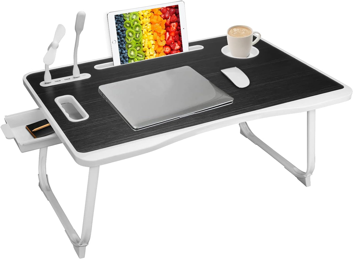 Laptop Bed Table, Lap Desk for Bed, Foldable Laptop Bed Desk with USB Charge Port, Handle, Desktop Card Slot, Cup Slot, Side Drawer, Portable Laptop Table for Bed Eating Reading Working