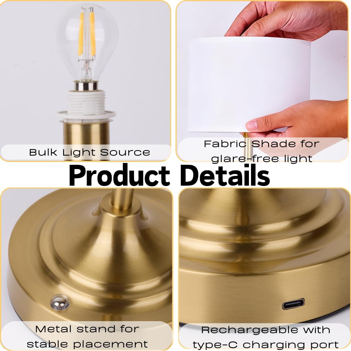 Rechargeable Table Lamp, Cordless Touch Lamps, Portable Desk Light with Stepless Dimmable Brightness & Fabric Shade for Nightstand Bedside Living Room (Gold, Straight)