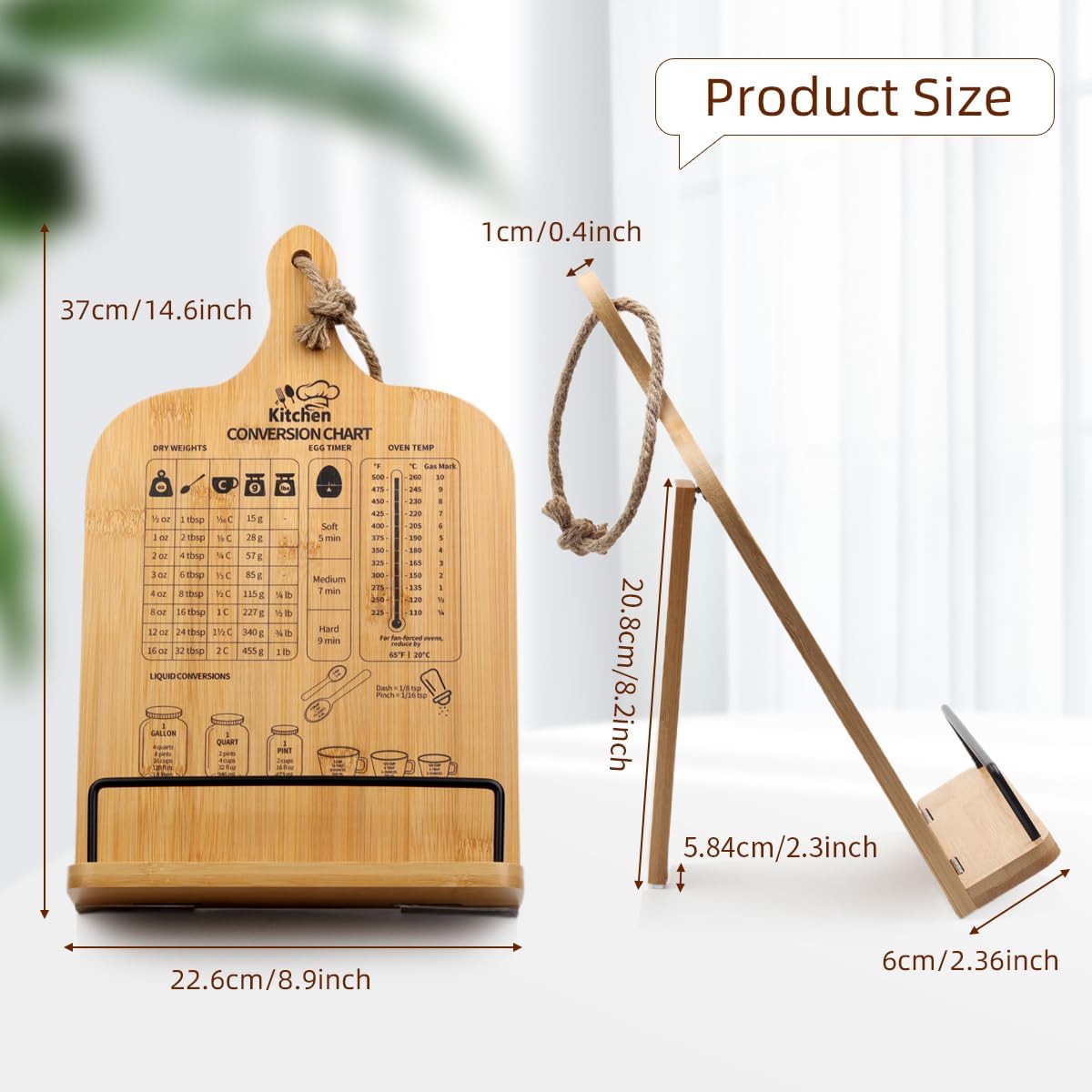 Cookbook Stand, Wooden Cookbook Holder with Measurement Conversion Chart, Adjustable Cook Book Stand for Kitchen Counter, Recipe Book Holder Stand