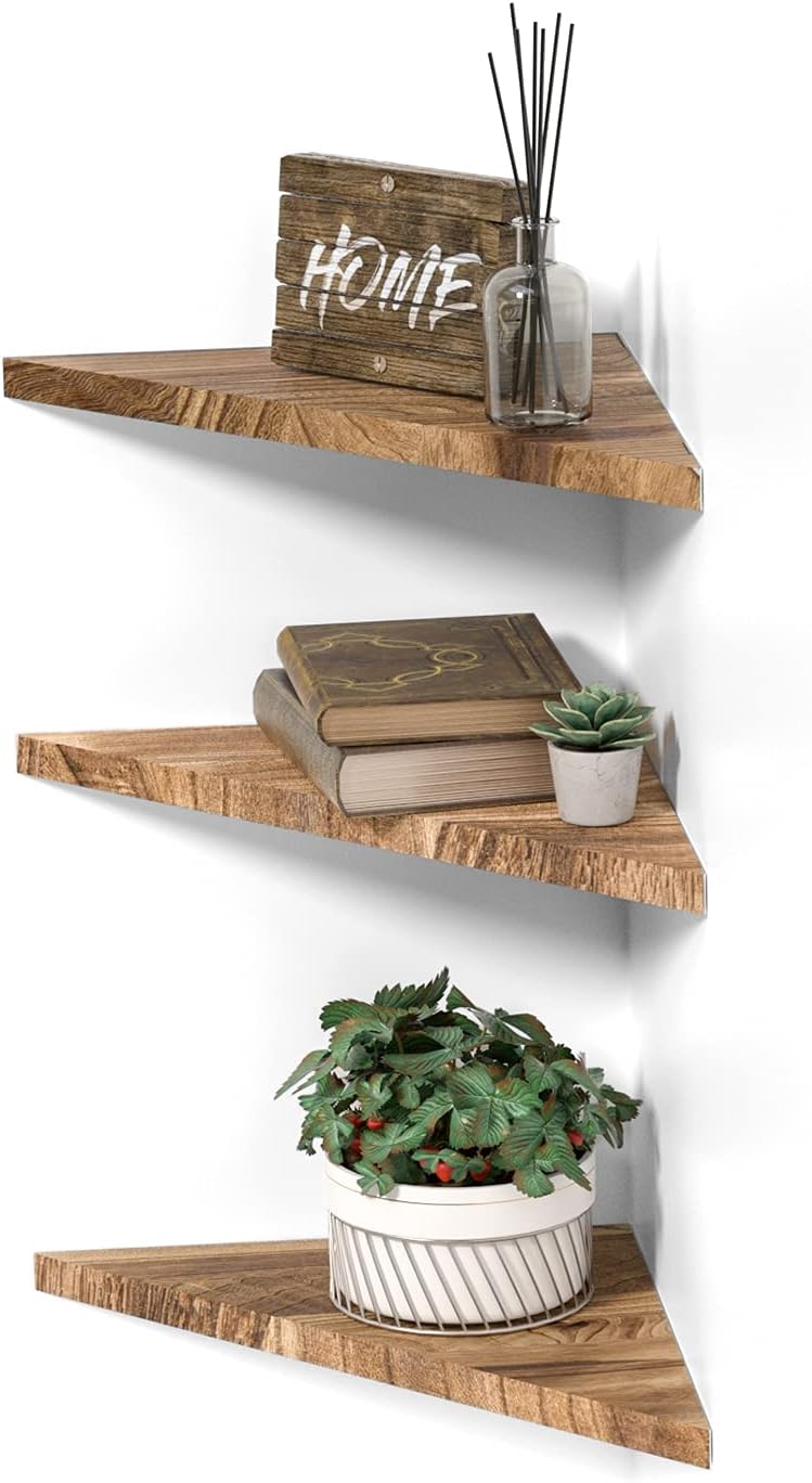 Wall Mounted Rustic Wood Straight Edge Corner Shelf Storage Rack, Bookcase, Floating Shelves Home Decor for Bedroom, Living Room, Office and Kitchen, Set of 3 (Straight Edge)