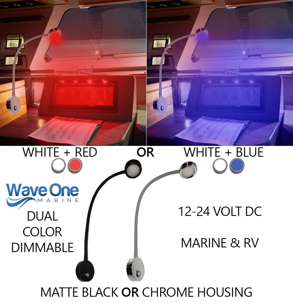Wave One Marine Dual Color Gooseneck LED Chart Reading Light | Flexible Dimmable Sailboat Cabin Wall Map Boat Yacht RV Interior Night Lighting 12-24V Volt (Chrome | White & Red)