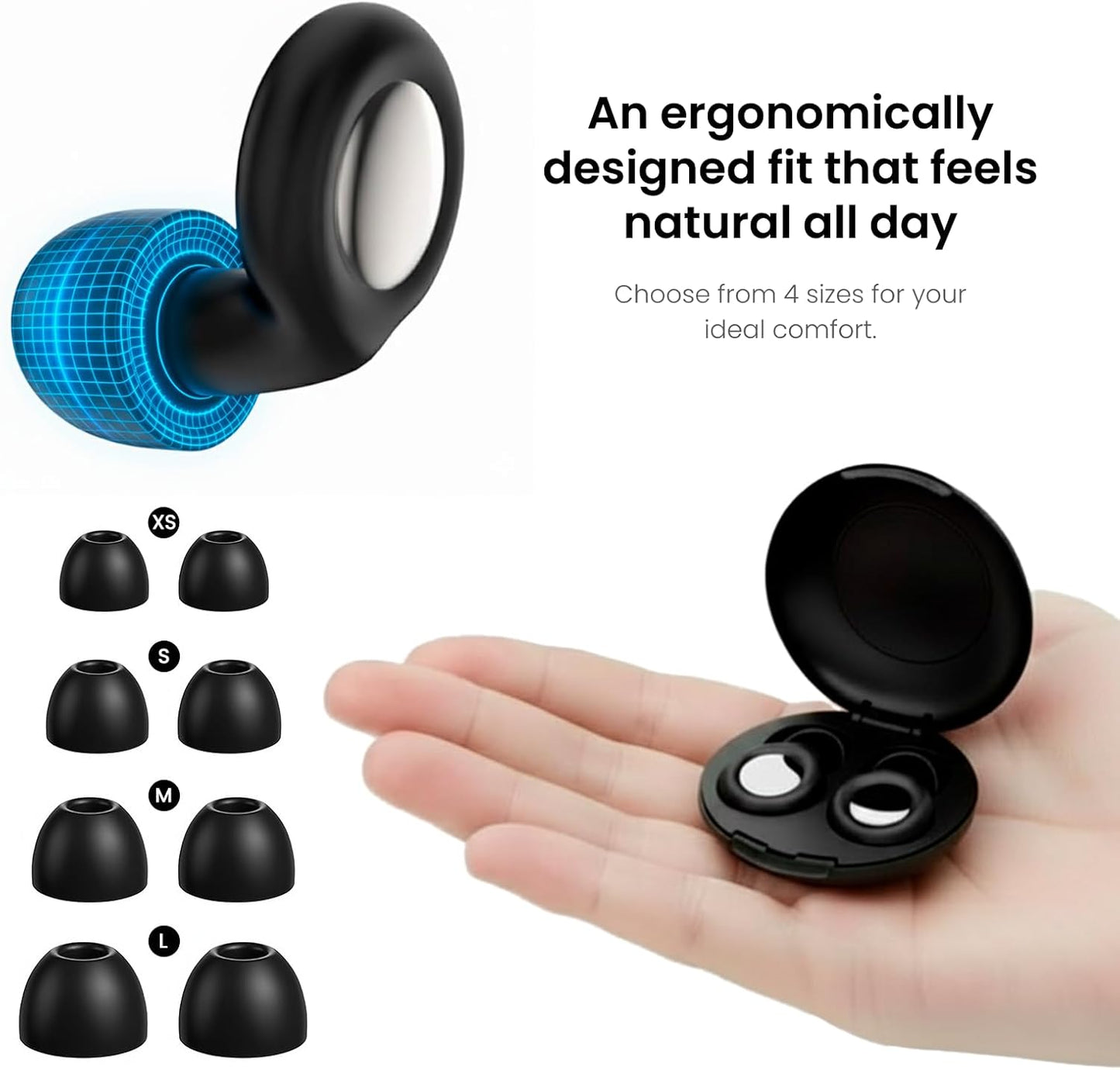 Ear Plugs for Sleeping Noise Cancelling 28dB - Reusable Silicone Earplugs for Sleep, Concert, Work, Study, Travel | 4 Sizes, Comfortable Side Sleepers | Cleaning Tool & Case - HEION Aura