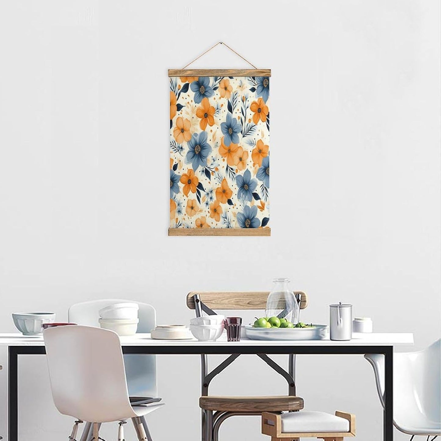 Vintage Blue And Orange Flowers on White Background Poster with Wooden Frame Personalized Linen Hanging Scroll Painting Rustic Wall Hanging Illustrative Modern Artwork Decor for Home Living Room Bedro