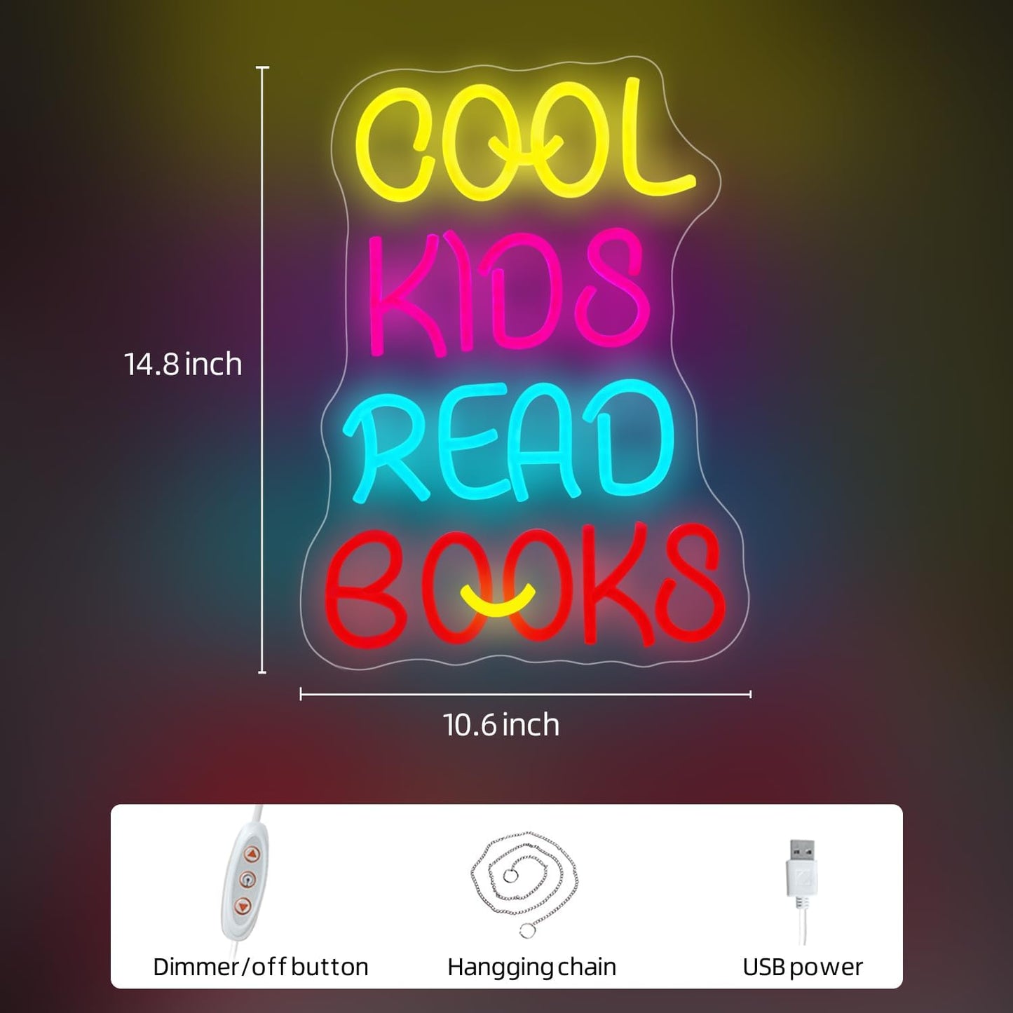 Cool Kids Read Books Neon Sign 14.8"×10.6" for Reading Room Hanging Decorations Library Classroom Read Corner Bedroom Decor with USB Powered Dimmable Switches