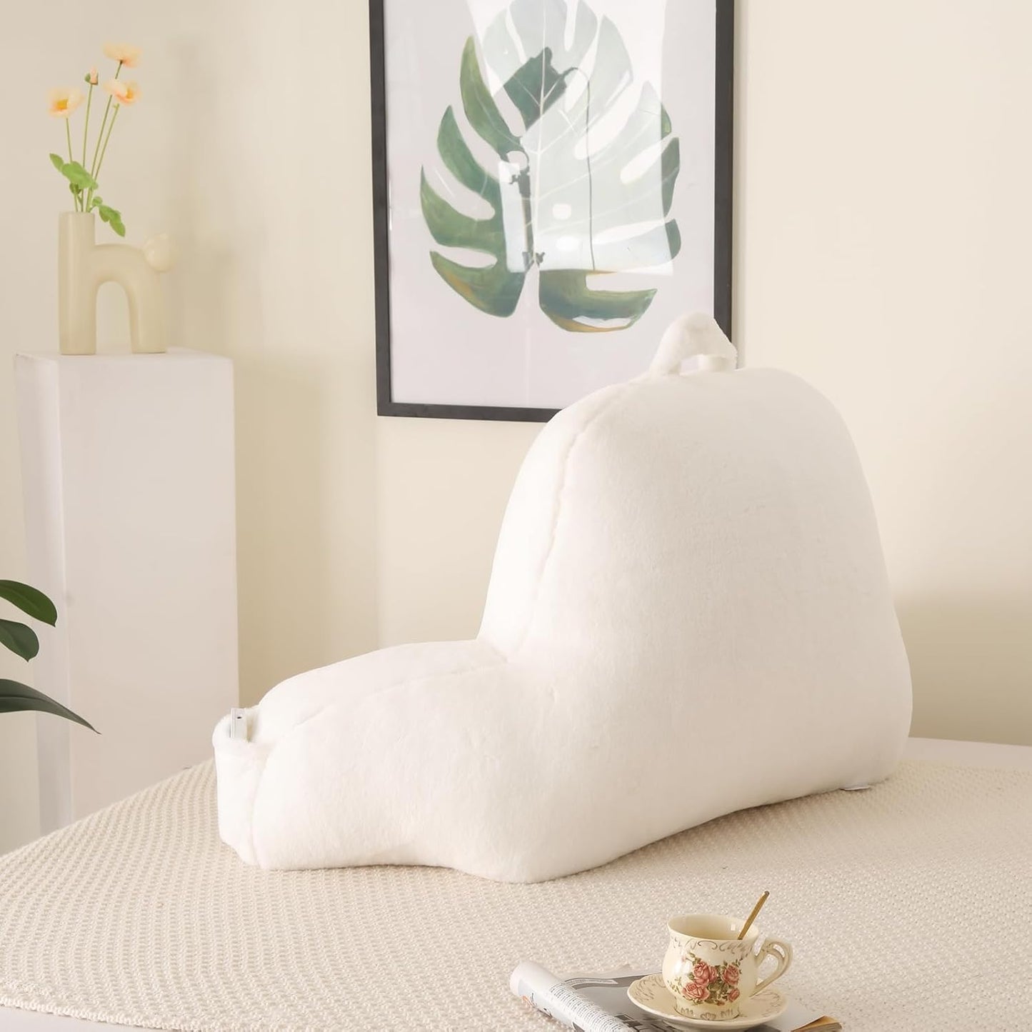 Back Pillow for Bed Sitting Up,Large Backrest Reading Pillow with Arm Rest,Back Rest Support Cushion for Sitting Up on Couch,Sofa,Floor,Dorm Essentials(White Faux Fur,Standard(17"))