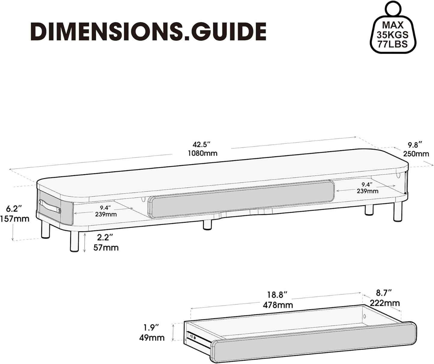 Fenge Monitor Stand with Large Drawer, 42.5 Inch Dual Monitor Riser for 2 Monitors, Ergonomic Computer Desk Shelf with Soft Touch Leather & Storage Organizer for Laptop, Computer, TV, PC, Printers