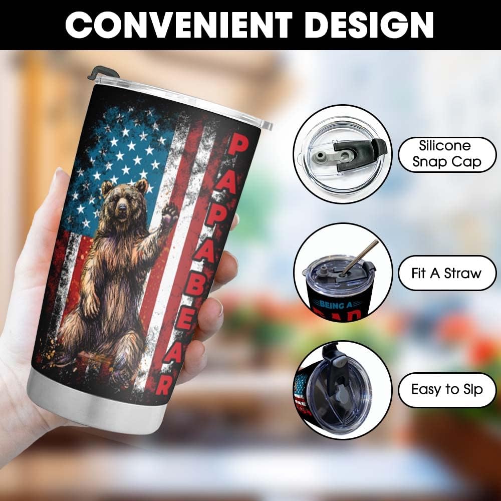Papa Bear American Flag 20oz Stainless Steel Tumbler – Being a Dad Is an Honor Being a Papa Is Priceless, Insulated Coffee Travel Mug, Gift for Papa Dad Men