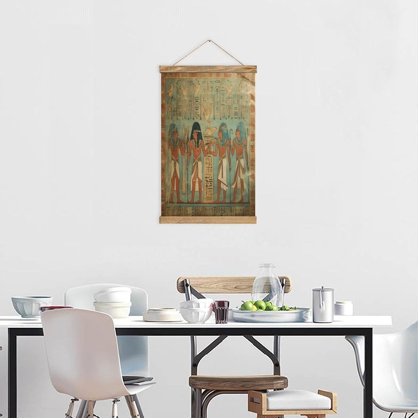 Vintage Women in Ancient Egypt Poster with Wooden Frame Personalized Linen Hanging Scroll Painting Rustic Wall Hanging Illustrative Modern Artwork Decor for Home Living Room Bedroom Office