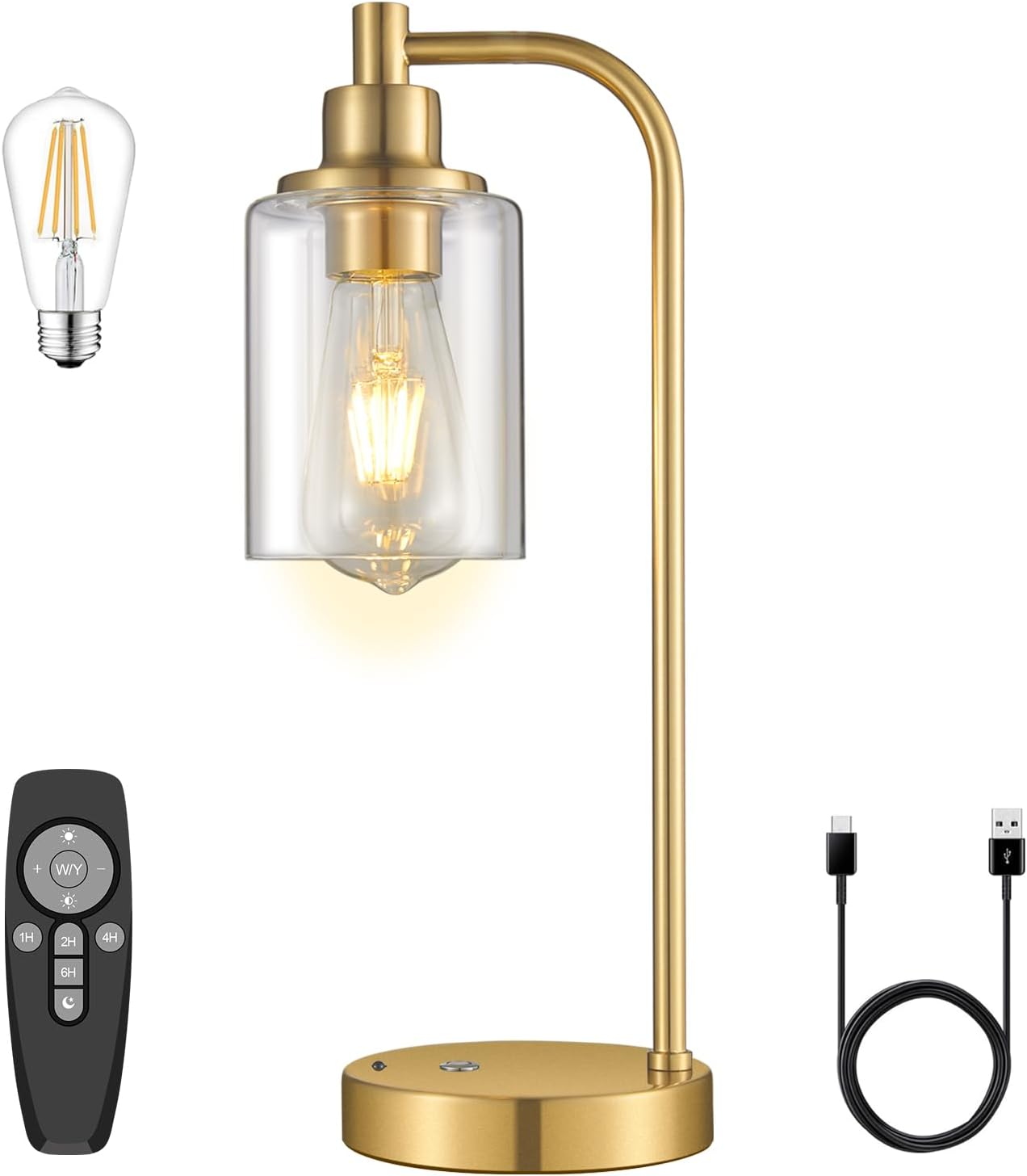 Cordless Table Lamp Rechargeable Gold, 8000mAh Battery Operated Table Lamps with Remote Control, Touch Dimmable Bedside Lamps with Glass Shade, Portable Wireless Lamp for Bedroom, Living Room