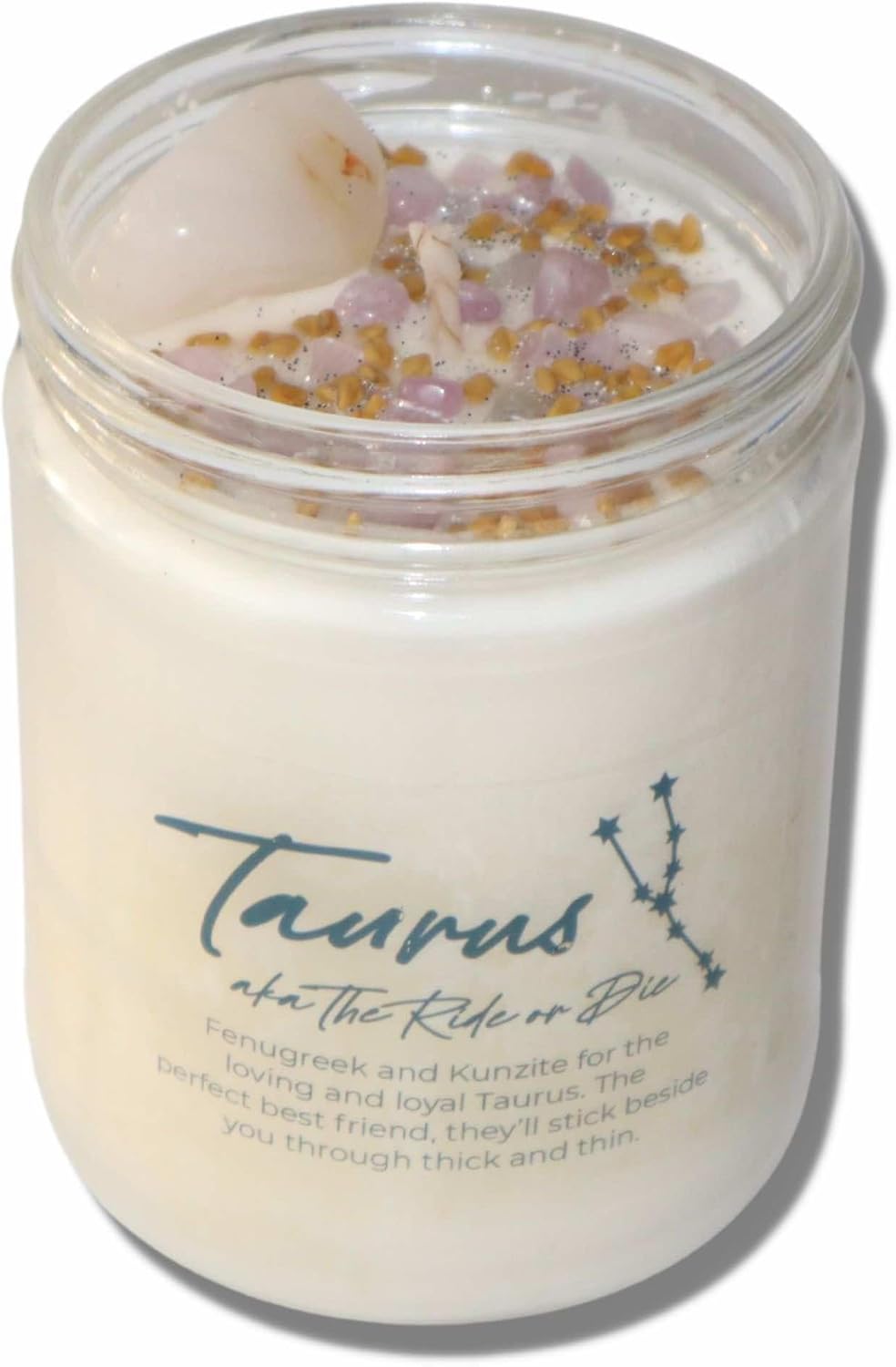 BlkGrlMagick TAURUS Zodiac Crystal Candle, White Tea Leaves Scent Kunzite, Rose Quartz, Fenugreek, Handmade April May Birthday Candles, Astrology Gifts for Sun Moon Rising Sign (16oz Jar)