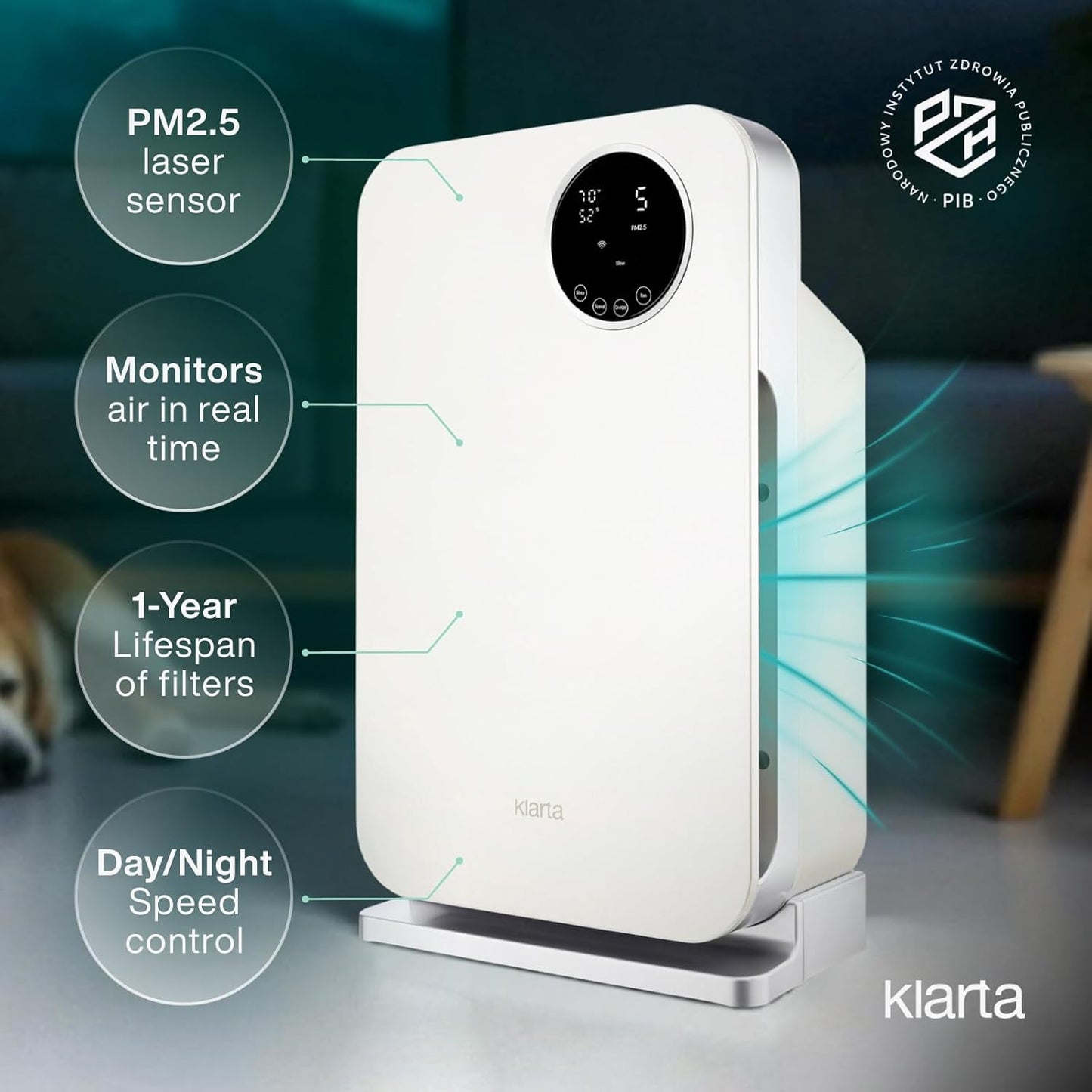 Air Purifier for Home - Smart WiFi App - Ultra Quiet 20 dB - Removes Allergens, Smoke & Odors - 99.97% Particle Filtration - Up to 1200 ft - Klarta Forste Wood Black