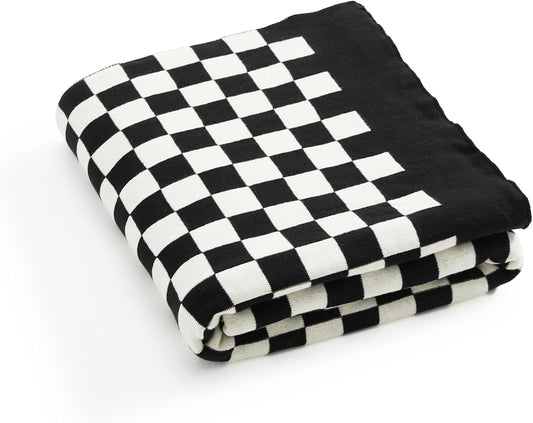 YIRUIO 100% Cotton Checkered Throw Blanket Lightweight Breathable Ultra-Thin Knit Weave for Bed Couch Sofa Soft Cozy Cooling for Spring Summer Black 60x80 inch