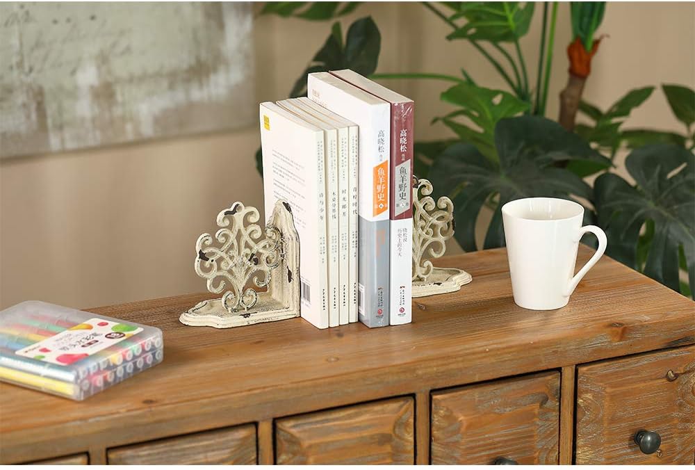 Heavy Duty Book Ends Set of 2, Medallions Decorative Bookends, Cast Iron Book Ends for Shelves, Shabby Chic White.