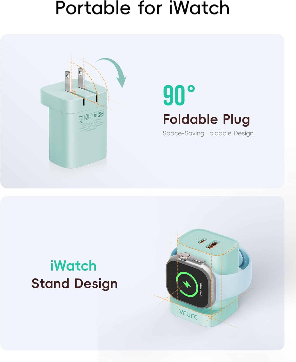 VRURC for Apple Watch Charger, Wireless Magnetic Portable iWatch Charger, PD 20W 3-in-1 Travel Essentials Fast Charging Block for iWatch Ultra/SE/11/10/9/8/7/6/5,iPhone 17/16/15/14/13 etc-Green