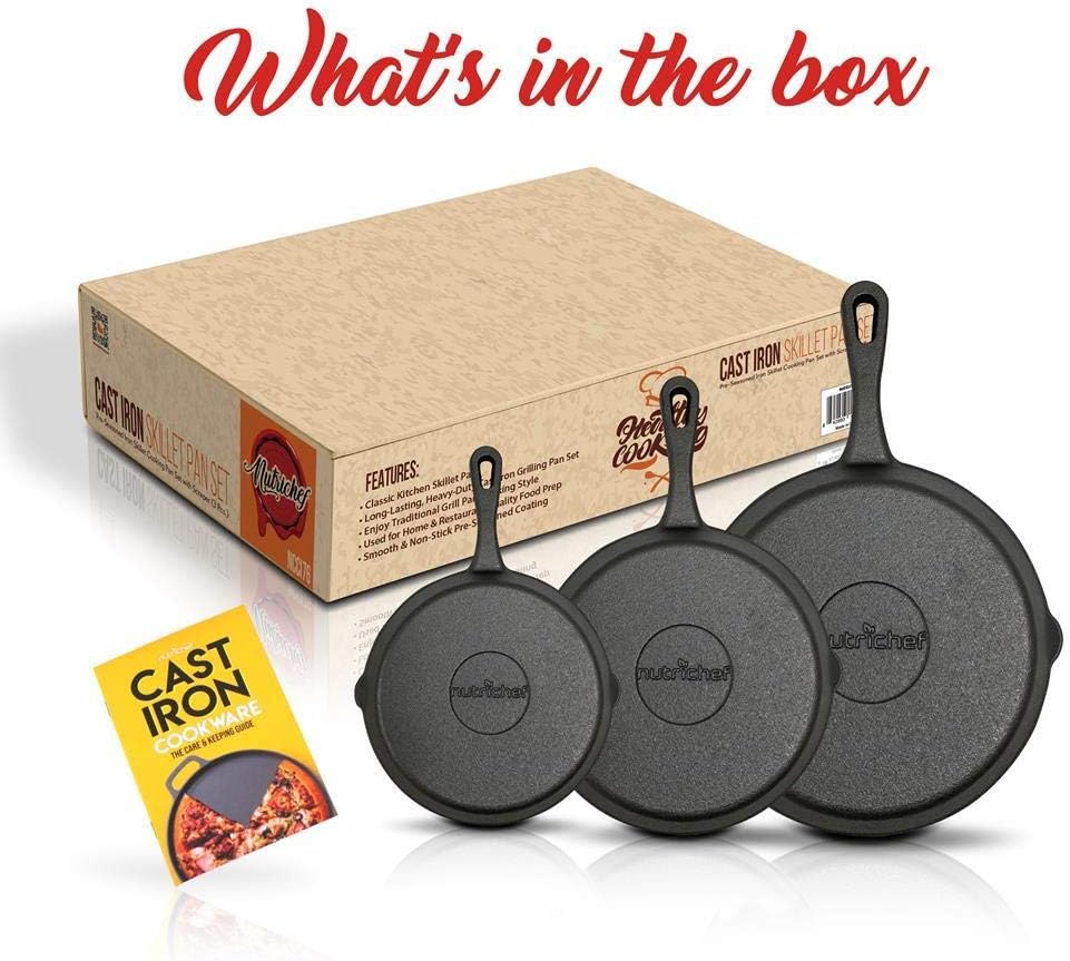 NutriChef Pre-Seasoned Cast Iron Skillets - 3 Pieces Cast Iron Cookware Set w/Drip Spout and Scraper - Compatible with Induction, Electric Stovetop, Gas, & Ceramic - NCCI76