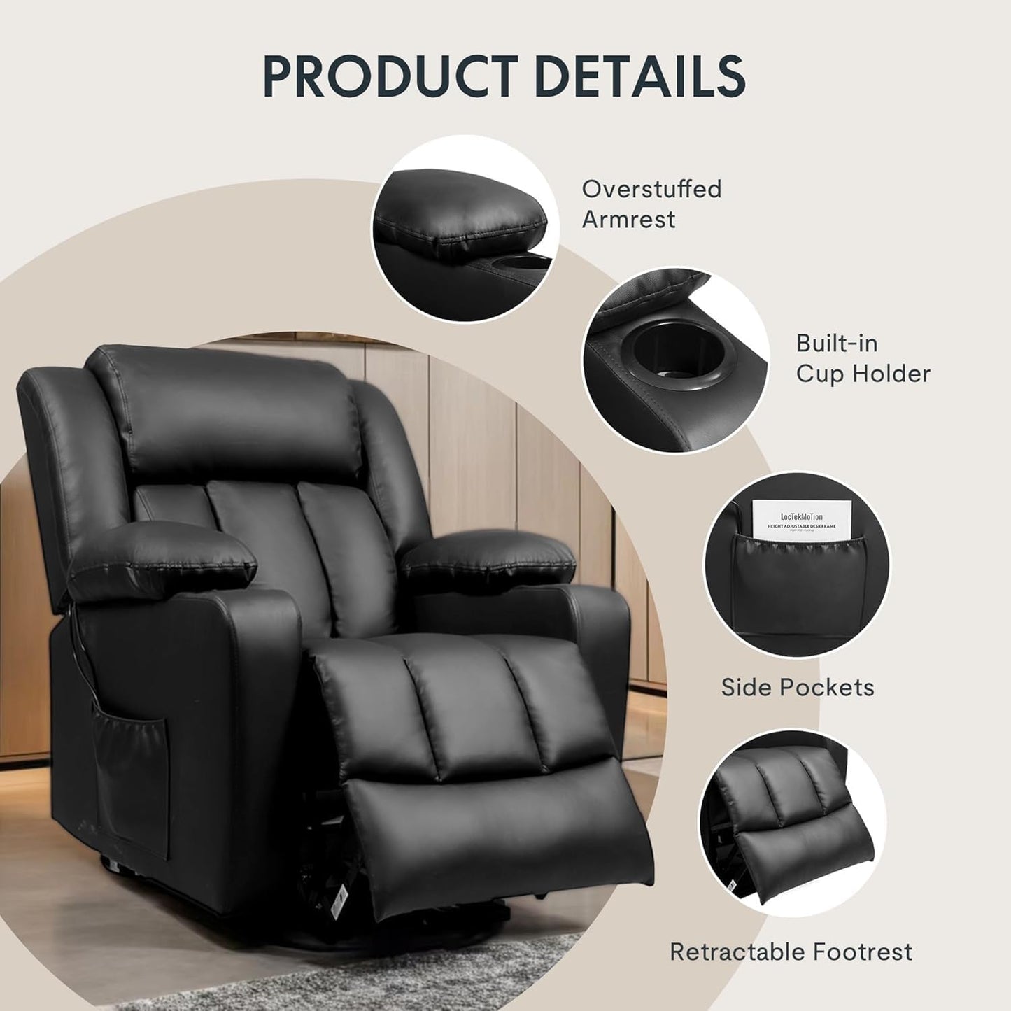 Power Lift Recliner Chair for Elderly, Electric Leather Massage Recliner with Heat & Remote Control, Black Reclining Sofa with Cup Holders & Side Pockets for Living Room