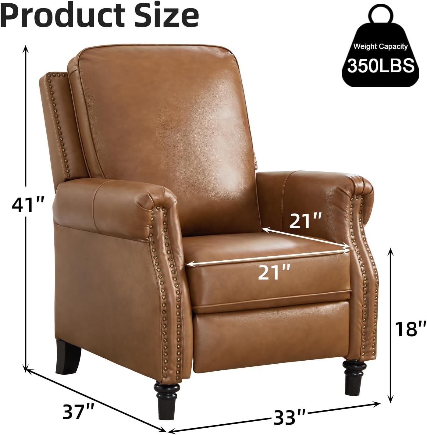 Genuine Leather Pushback Reclining Chairs with Padded Seat Wingback with Rivet Decoration Single Recliner Chair Sofa for Living Room Apartment(Brown)