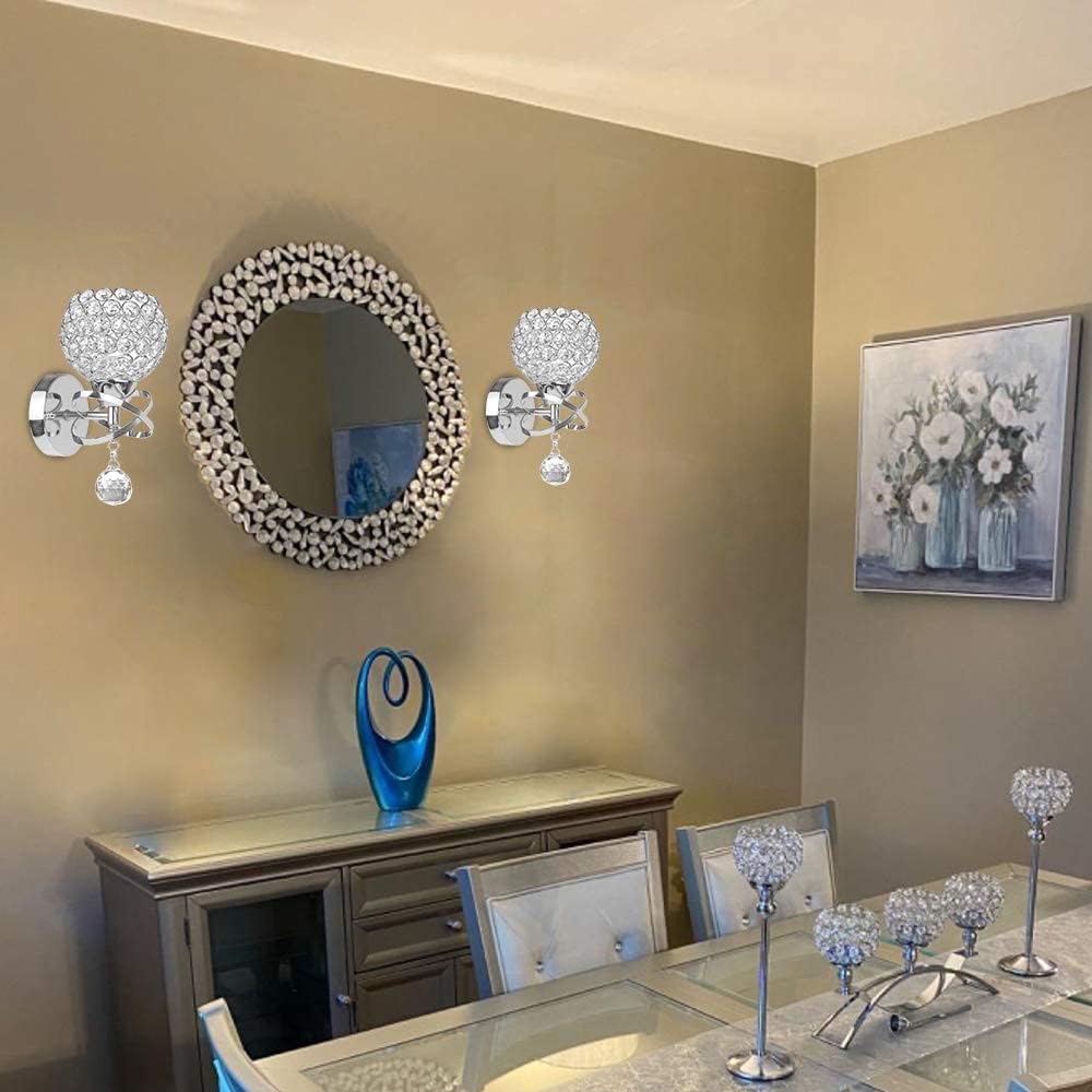TISLYCO Silver Crystal Sconces - Modern Wall Lighting with Hanging Crystal Ball, Wall Mount Lamp for Bedroom, Living Room, Hallway