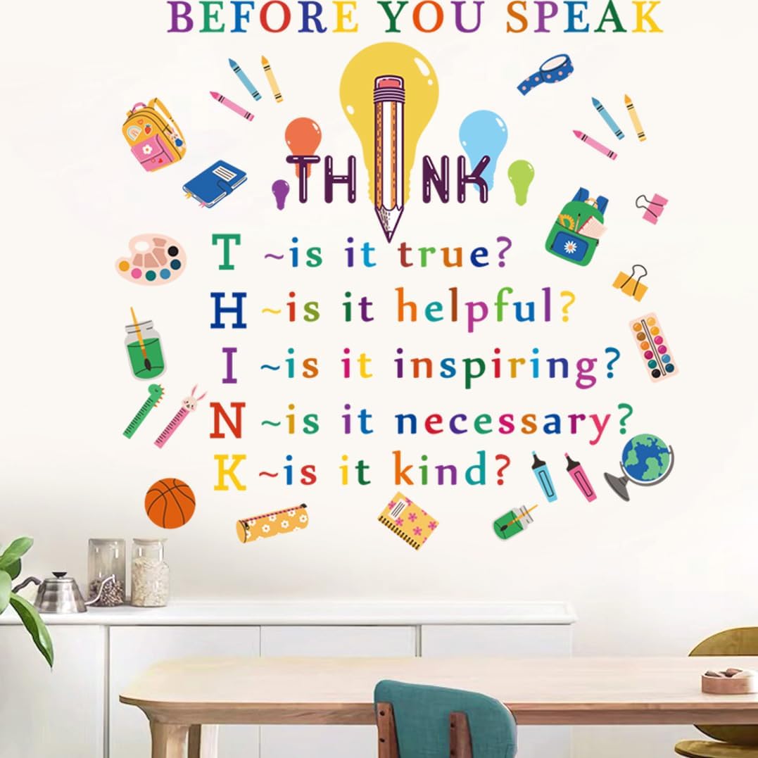 Colorful Inspirational Quotes Wall Decals Motivational Phrases Stickers Inspirational Lettering Before You Speak Think Lettering Wall Stickers for Classroom Nursery Kids Home Decoration