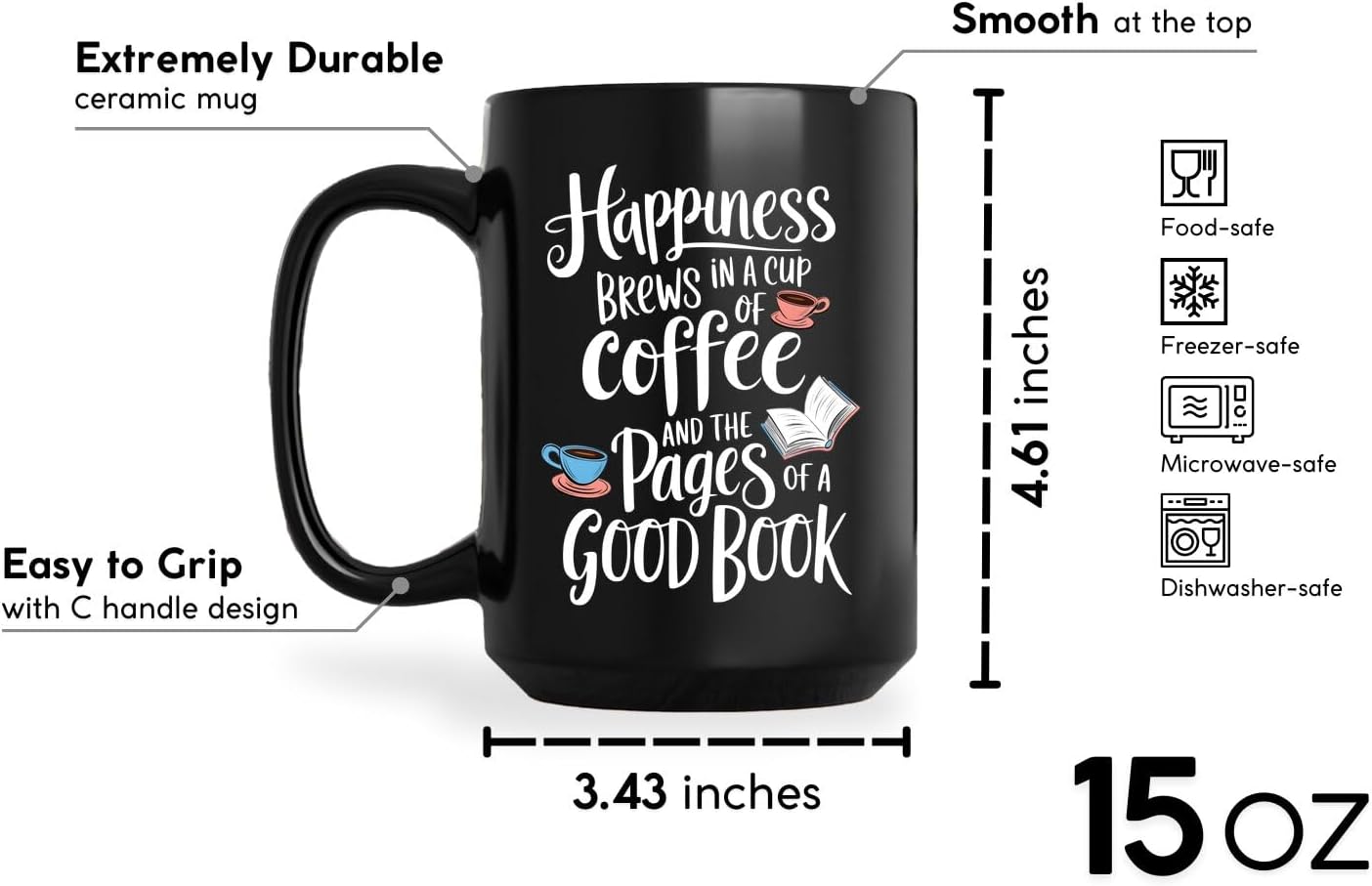Book Lovers Coffee Mug 15oz Black -Happiness Brews - Gift for Book Club Bookworm Bookish Reading Nerdy Avid Readers Women