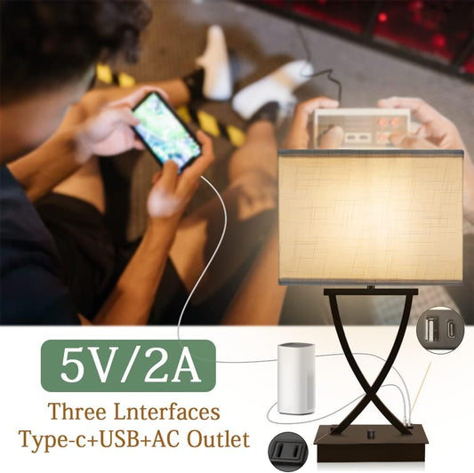 Fully Dimmable Medium Table Lamp for Bedroom with Type C/USB Charging Port and 1 AC Outlet White Shade 21.38" Bedside Nightstand Lamp for Living Room Office and Hotel Bulb Included