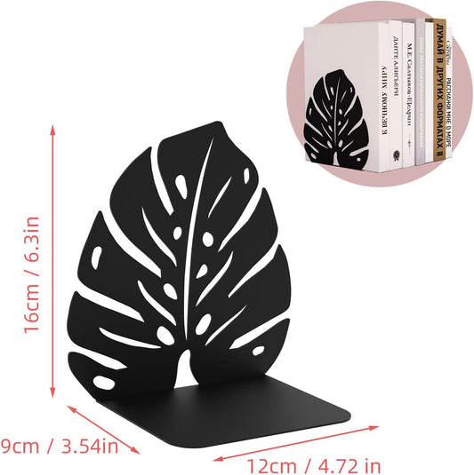 Decorative Bookends for Shelves, Sturdy Metal Book Ends for Heavy Books, Cute Monstera Design Non-Skid Book Stopper (2 Pairs, Black)