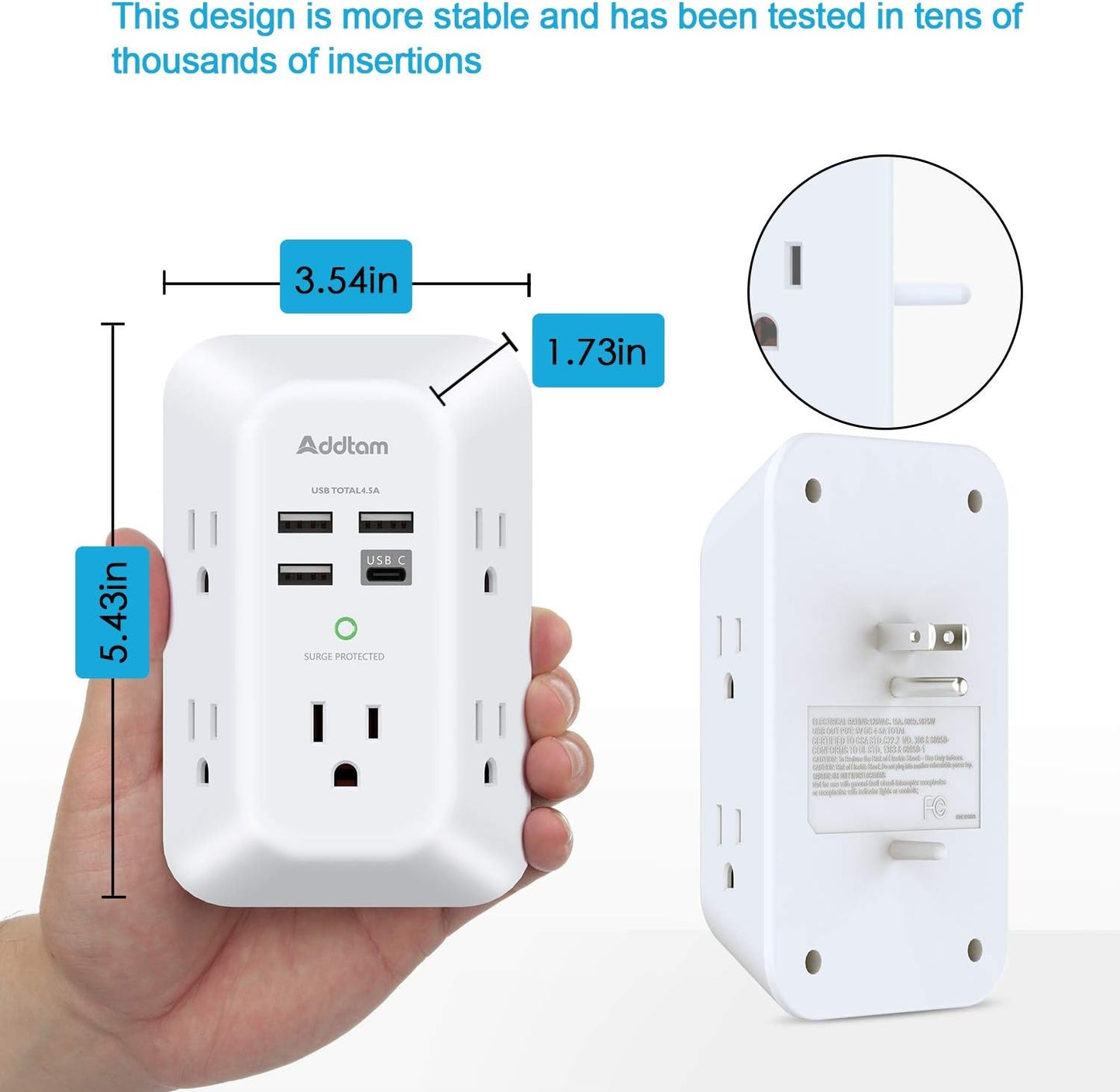 Addtam USB Wall Charger Surge Protector 5 Outlet Extender with 4 USB Charging Ports (1 USB C Outlet) 3 Sided 1800J Power Strip Multi Plug Outlets Wall Adapter Spaced for Home Travel Office ETL Listed