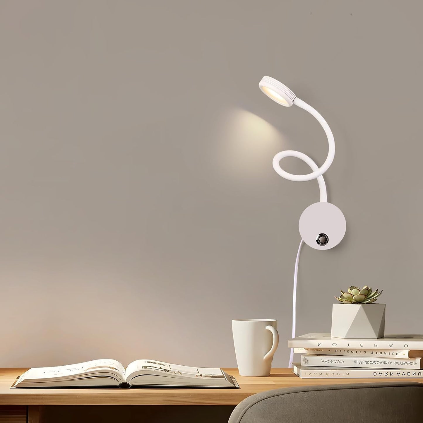 Dimmable LED Reading Lamps,Wall Mount Reading Lights for Bed Headboard,Flexible Gooseneck with Touch Dimmer Plug in Wired Sconce,3 Color Modes,10 Brightness Leves, USB Output(5V 2A), White 1 Pack