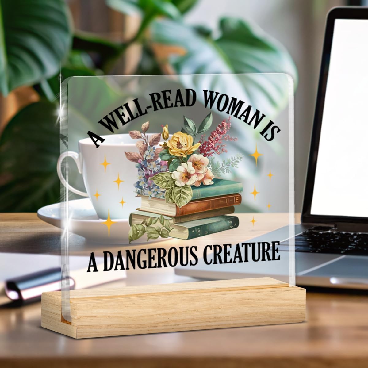 Book Lovers Gifts for Women Teen Girls, Bookish Gifts for Readers Librarian, a Well Read Woman Is a Dangerous Creature Acrylic Plaque Sign with Wooden Stand Home Library Reading Corner Decor