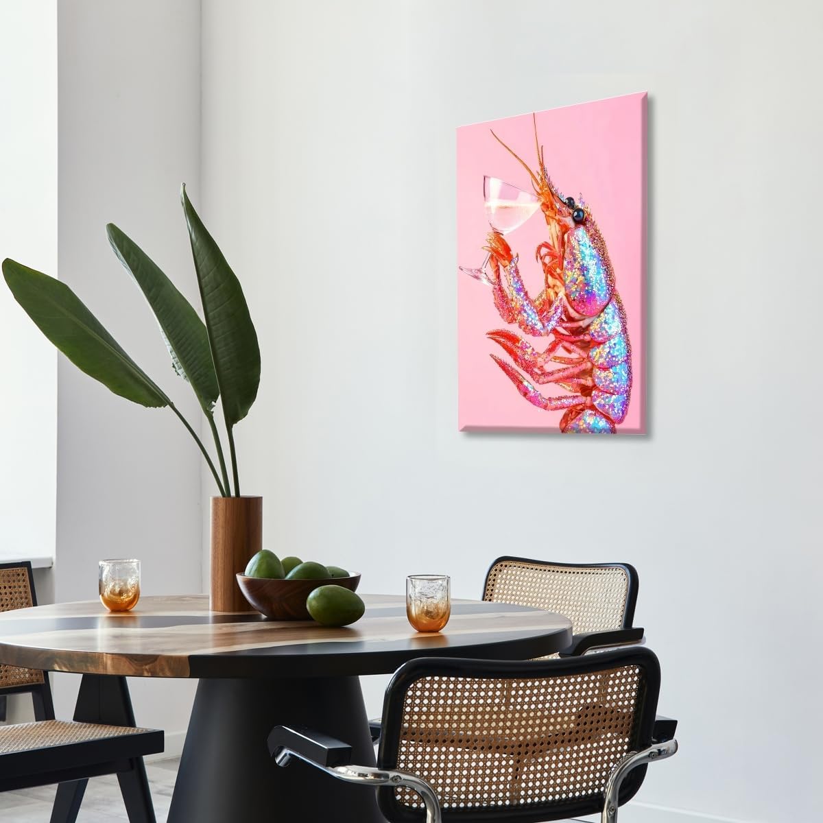 Psychedelic Pink Lobster Cocktail Wall Art Funny Crayfish Martini Poster Trippy Coastal Beach Aesthetic Canvas Prints Colorful Shrimp Picture Funky Seafood Decor for Kitchen Bar 16x24inch Unframed