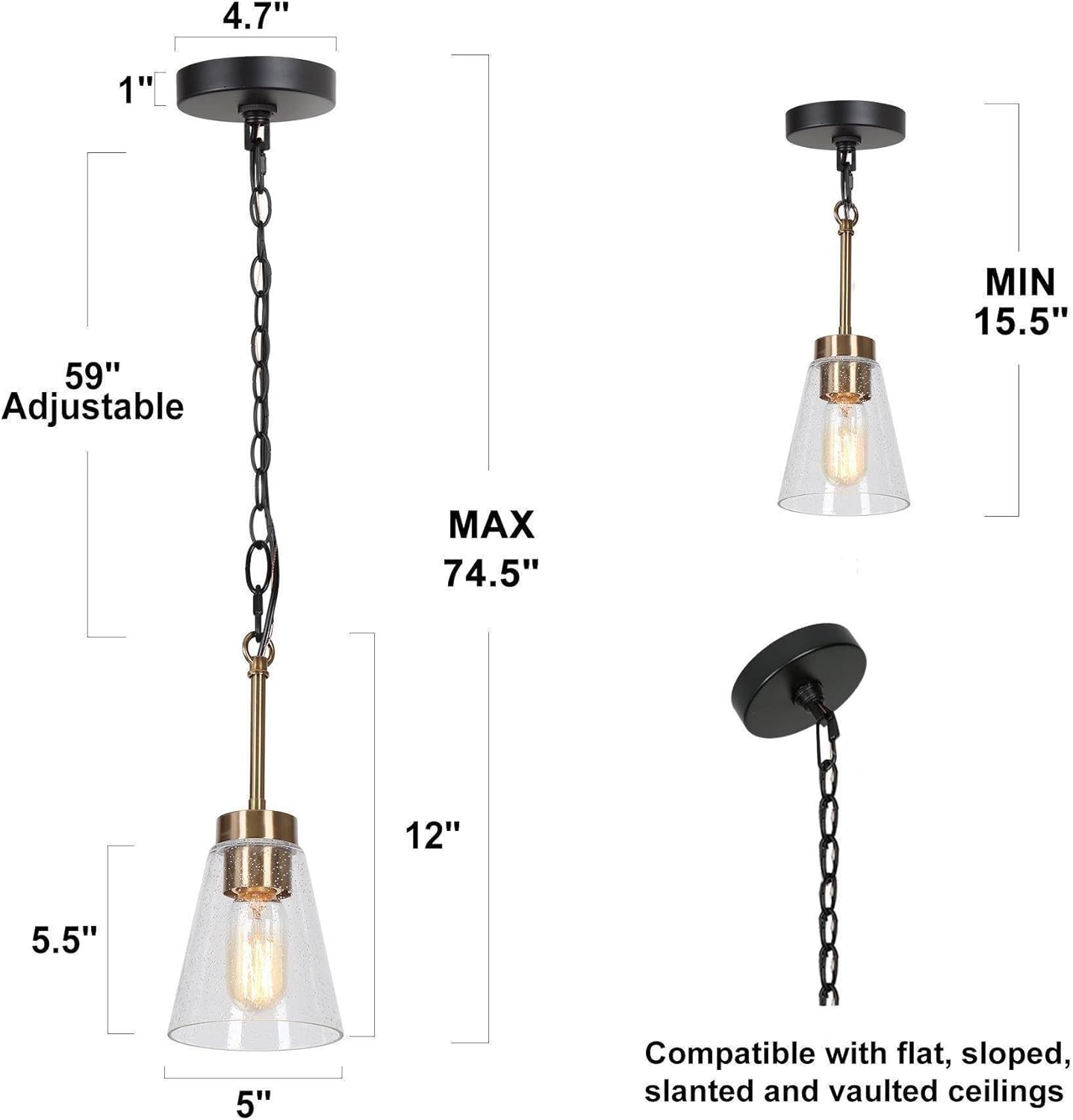 KSANA Black Gold Pendant Light, Modern 1-Light Brass Pendant Lighting Fixture with Seeded Glass Shade and Adjustable Height for Kitchen Island, Dining Room, Foyer and Hallway