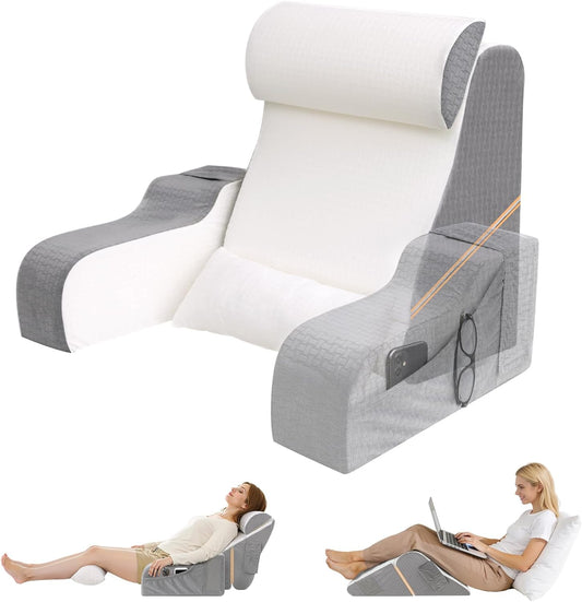 5PCS Reading Pillow for Sitting in Bed Adult, 2 in 1 Foldable Back Wedge Pillow for Sleep, Ergonomic Back Support Pillow with Arms for Watching TV, Gaming, Working, Recovery, 19” White/Grey