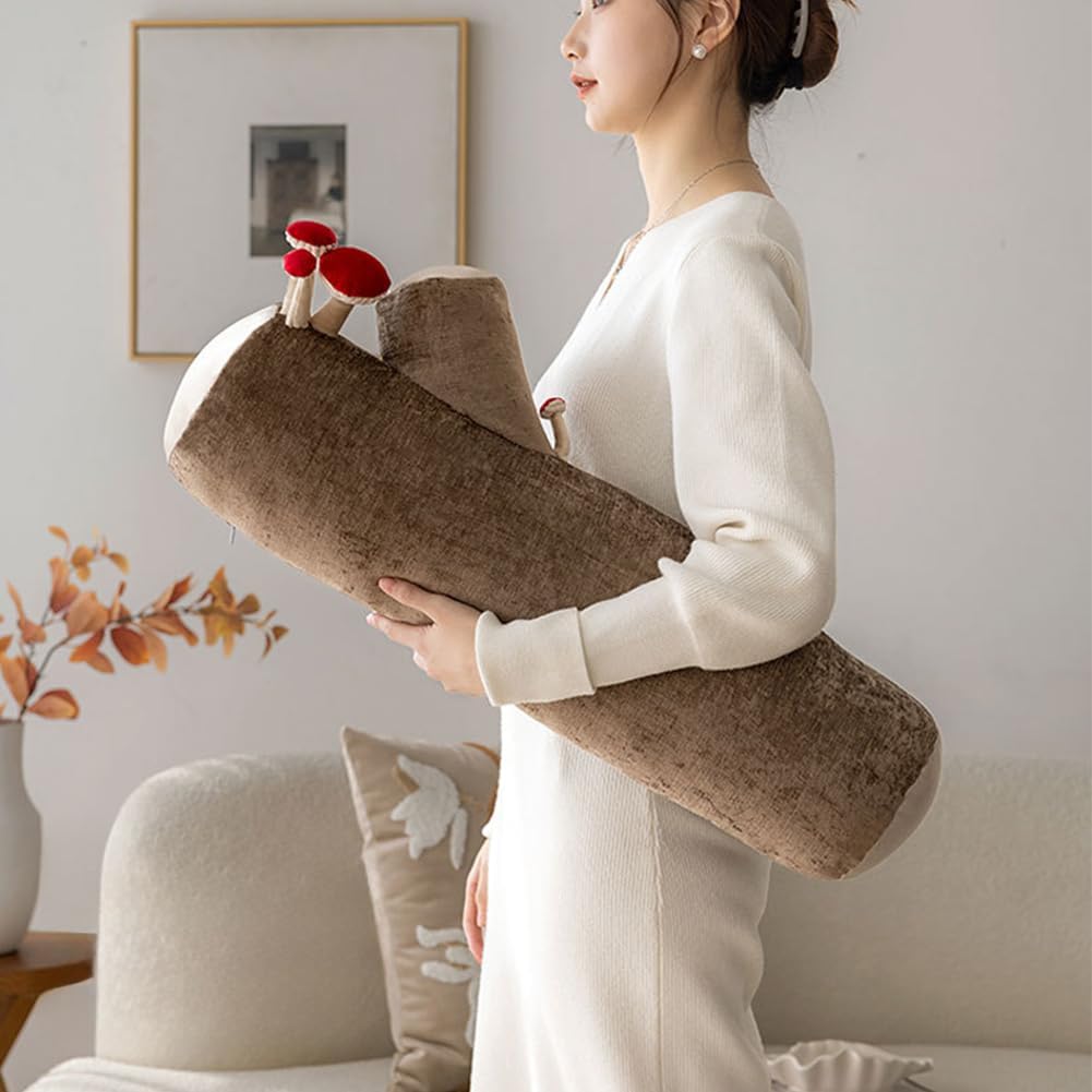 Mushroom Tree Log Pillow - Long Cylinder Decorative Throw Pillow for Couch, Sofa & Bed, Modern Chic Nature-Themed Pillow, Woodland Stump Accent Pillow for Living Room, Nursery, Home Decor