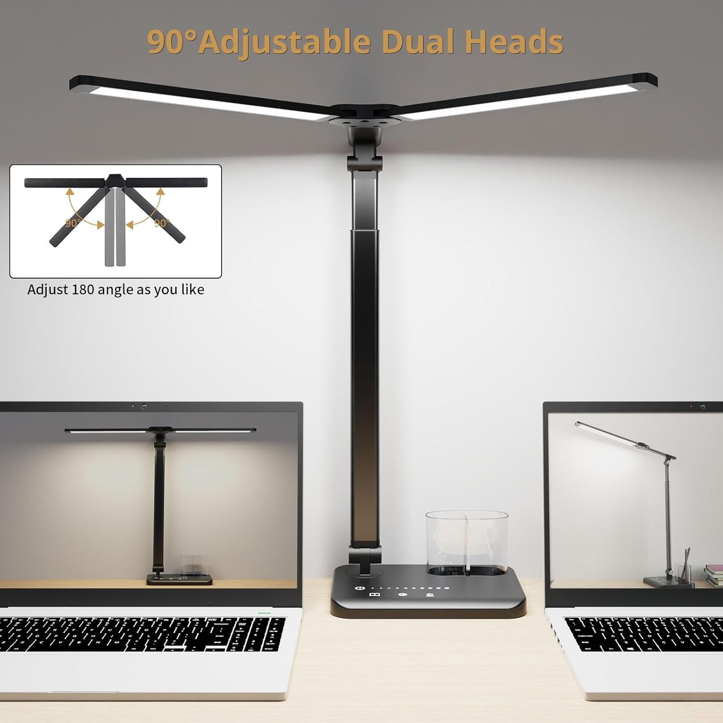LED Desk Lamp, Dual Heads, Height Adjustable, USB Charging Port, 5 Light Modes & Dimmable Brightness, Bedside Lamp for Reading, Craft, Work, Study (Black, 15W)
