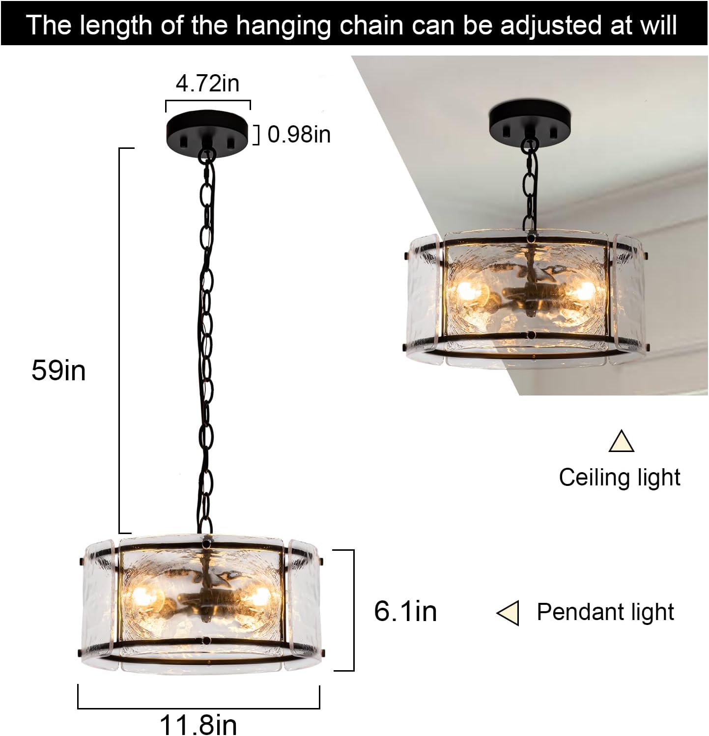 11.8" Black Hanging Pendant Light Fixtures,3 Light Small Drum Glass Dining Room Light Fixtures Over Table with Chain,Chandelier for Foyer,Kitchen Island,Dining Room,Bedroom,Breakfast Nook