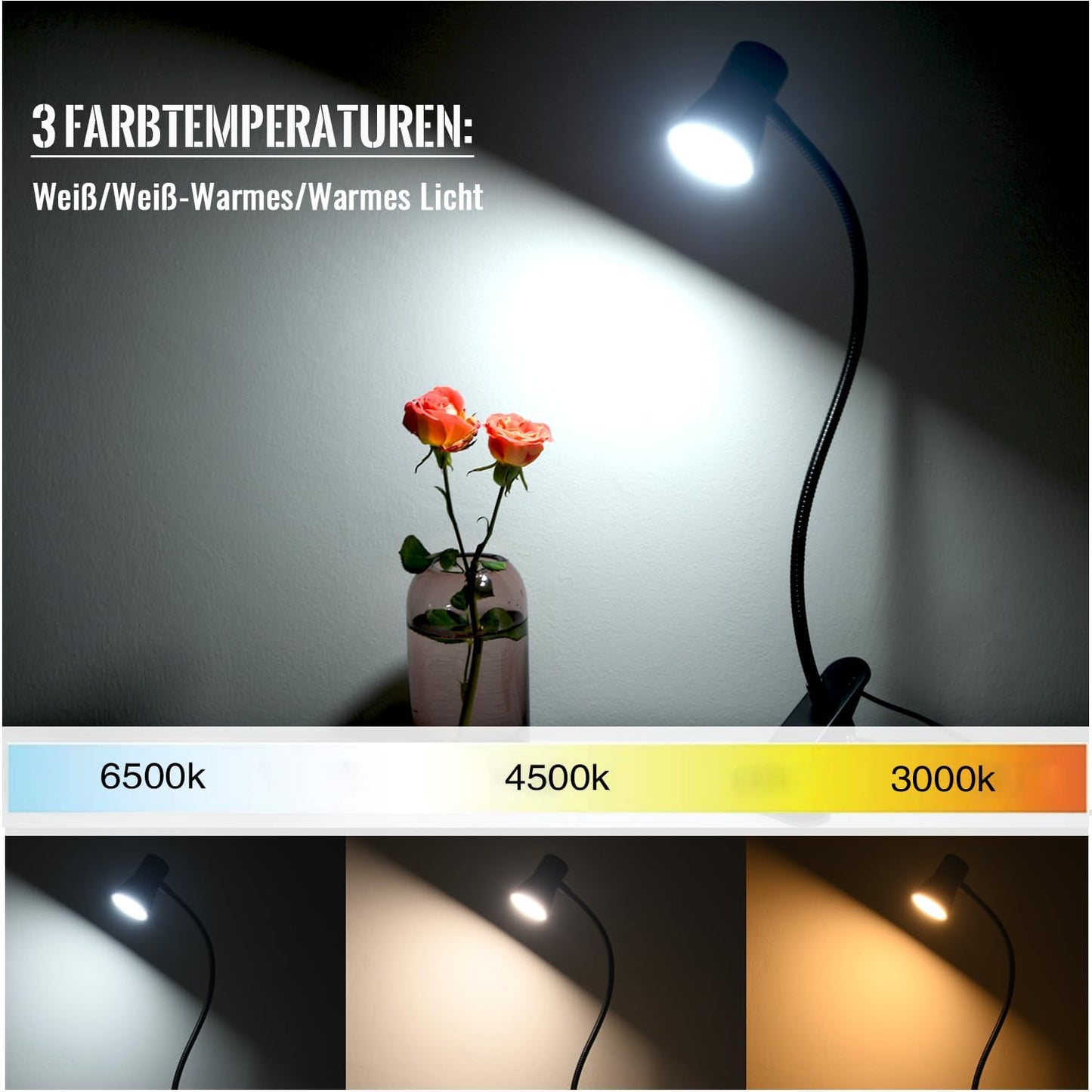 Clip Desk Lamp, USB Reading Light, Flexible Neck Led Clamp Light with 3 Color Temperature Options, 10 Dimmable Brightness Levels for Working, Studying (8W)