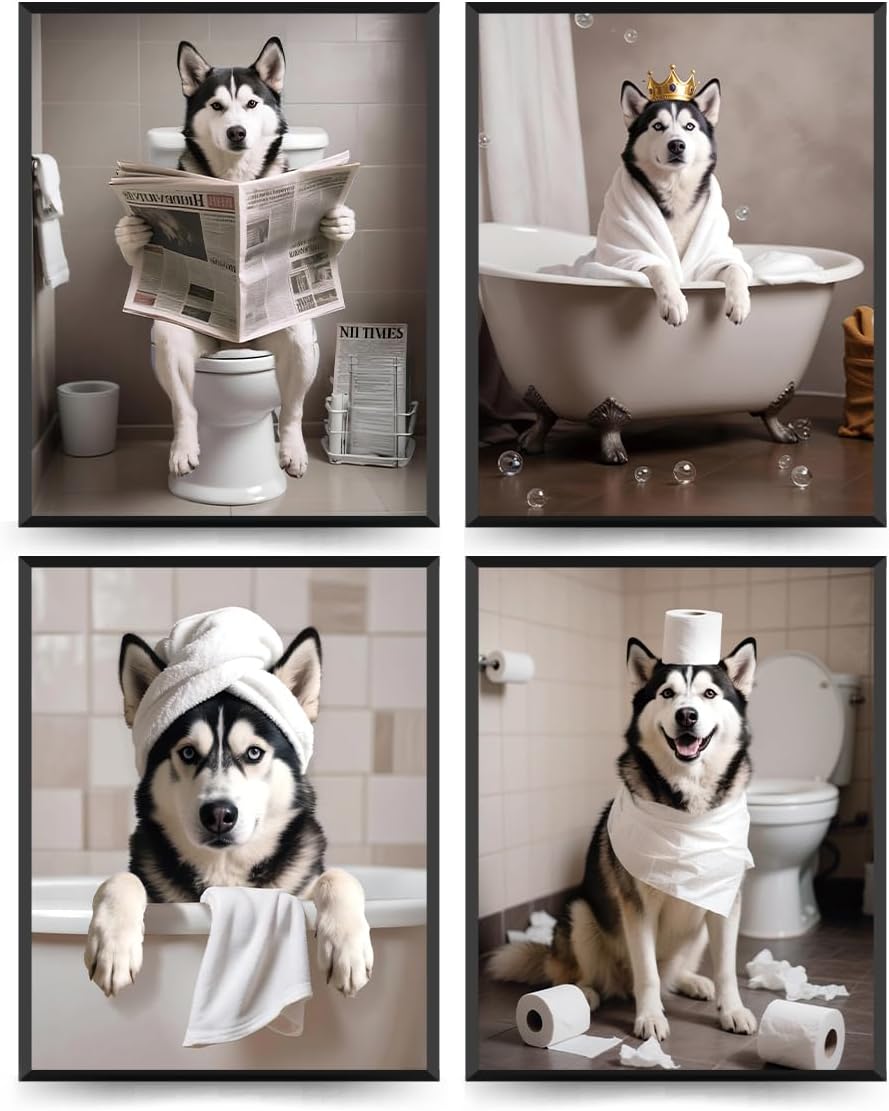 ETVISO Funny Husky Bathroom Decor Set of 4, Cute Dog Reading Newspaper Print Wall Art Decorations, Humorous Toilet Decor for Washroom or Restroom (12x16 Unframed)