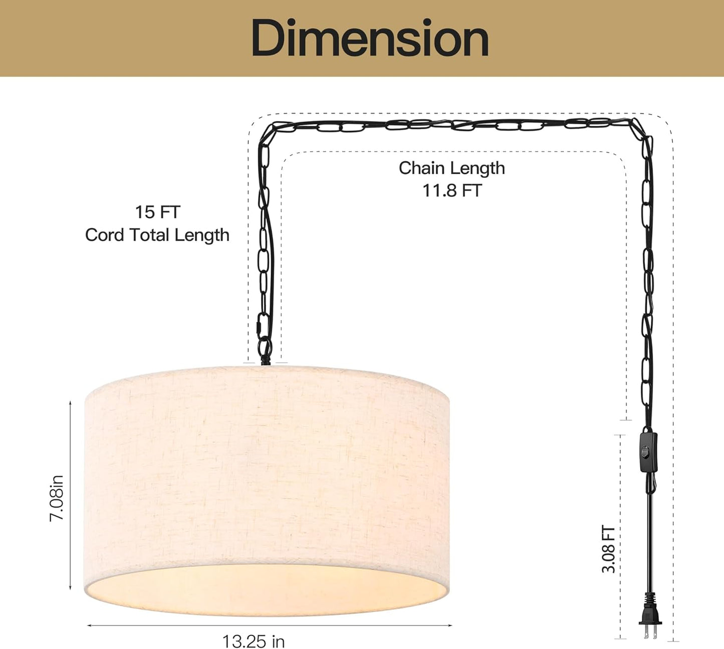 3-Light Plug in Pendant Light with Linen Drum Shade, 15FT Cord & 11.8FT Chain, Adjustable Hanging Height Chandelier with Inline Switch Modern Hanging Lamp for Bedroom Living Room Dining Room