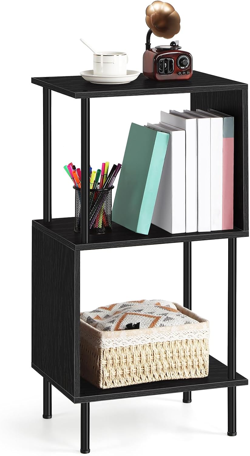 ETELI 3-Tier Side Table Small Tall S-Shaped End Table with Open Book Shelf Industrial Black S-Shaped Bookcase Bedside Table for Office Living Room Bedroom Home Corner