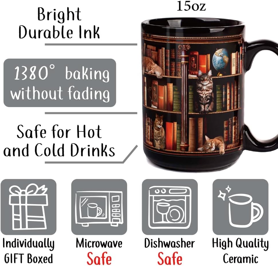 Cat Book Mug Gifts for Book Lovers, Book Lover Bookish Gifts for Readers Bookworm Women 15oz, Library Bookshelf Mug, Bookish Gifts for Librarian, Birthday Gift Idea for Cat Lovers