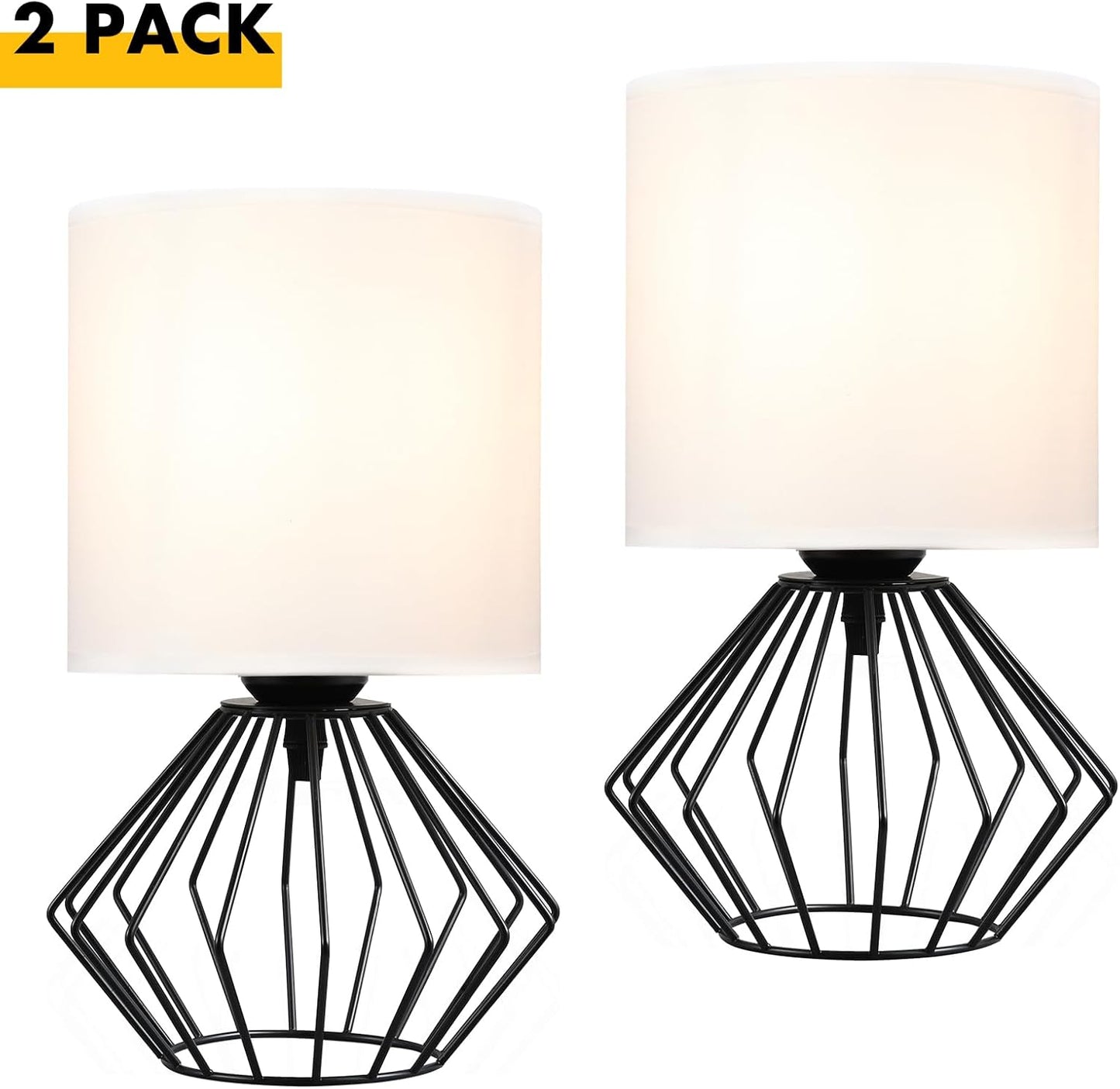 Hamilyeah Table Lamps Set of 2, Black Bedside With On/Off Switch, Industrial for Night Stands With White Fabric Shade, Modern Simple for Bedroom, Living Room