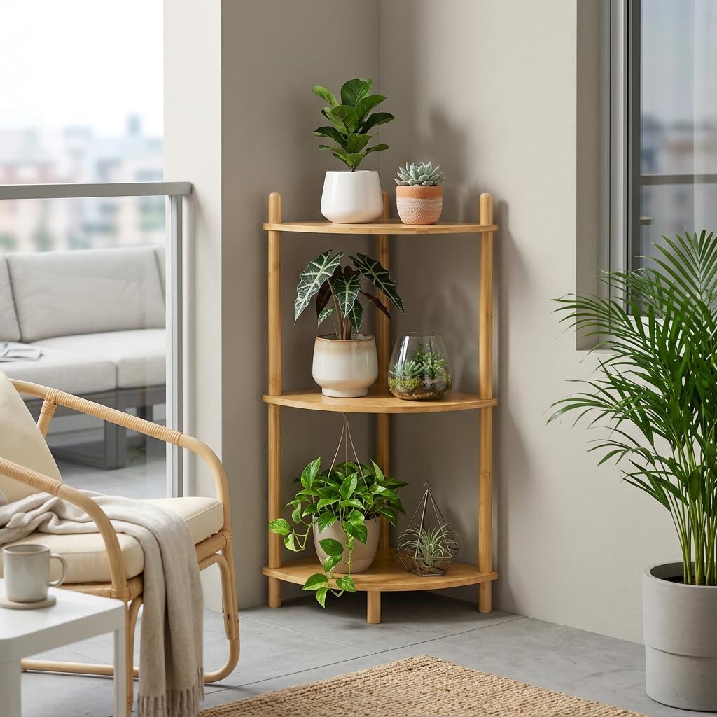 3-Tier Expandable Bamboo Corner Shelf Stand,Corner Bookshelf, Display Storage Shelves with Open Shelves, for Organization and Storage, Living Room, Home Office, Garage (1, Natural, 3-Tier)