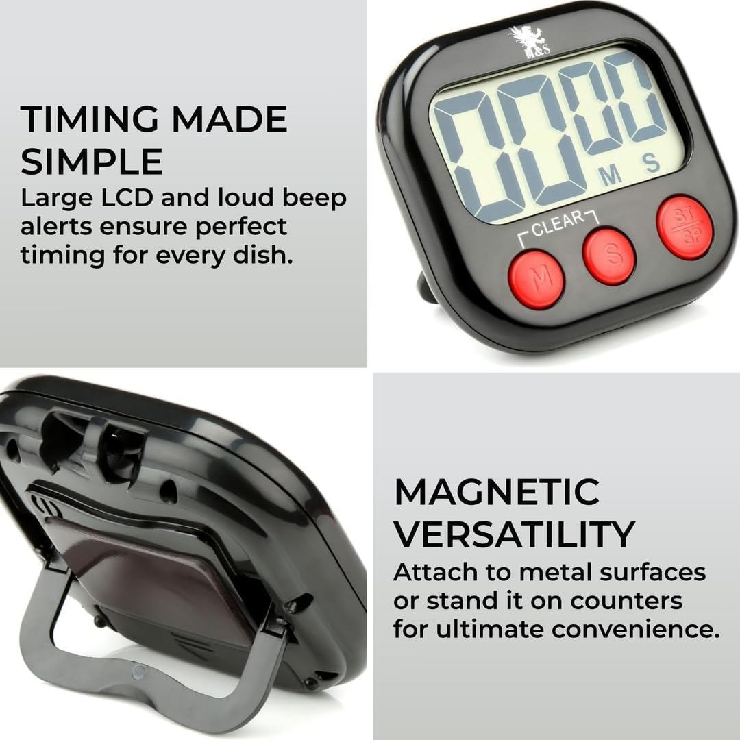 H&S Digital Kitchen Timer - Magnetic Cooking Timer with Large LCD Digits Display & Loud Alarm - Black - Countdown Clock for Kids Classroom - AAA Battery Included - Kitchen Timers for Cooking