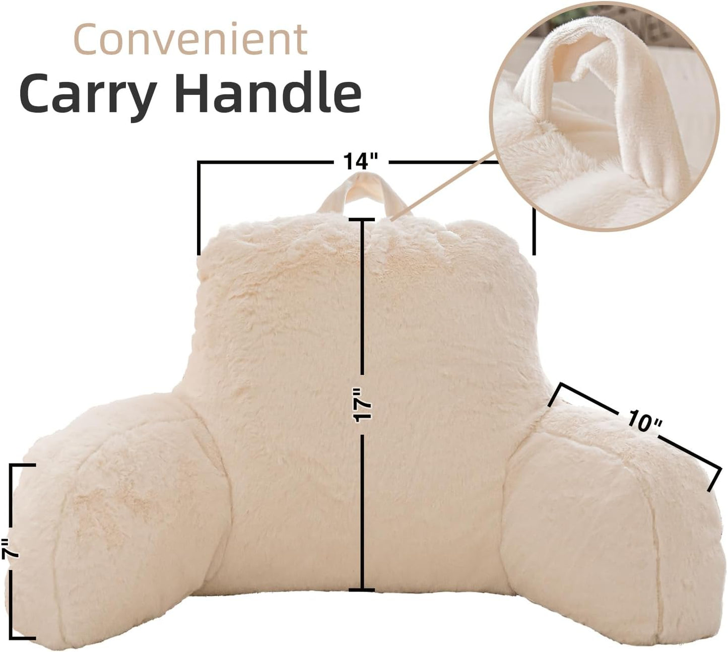 Reading Pillow with Arms — Large Faux Fur Wedge Backrest for Bed & Couch, Adults & Children (Ivory)