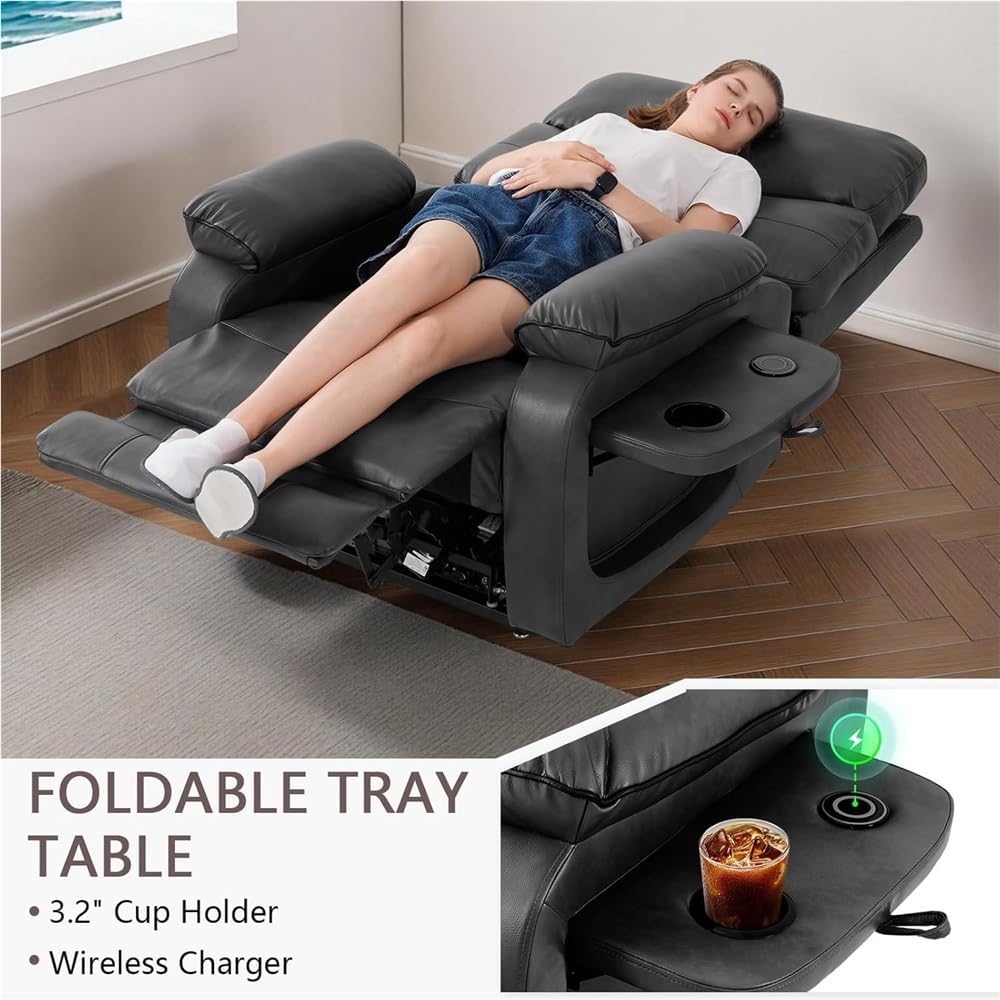 Power Lift Recliner Chair for Adults Elderly, Leather Furniture with Heat Massage, Infinite Position Lay Flat for Living Room Bedroom, USB Ports Cup Holder